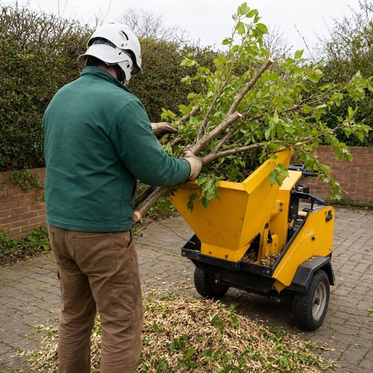 Branches being fed into a woodchipper