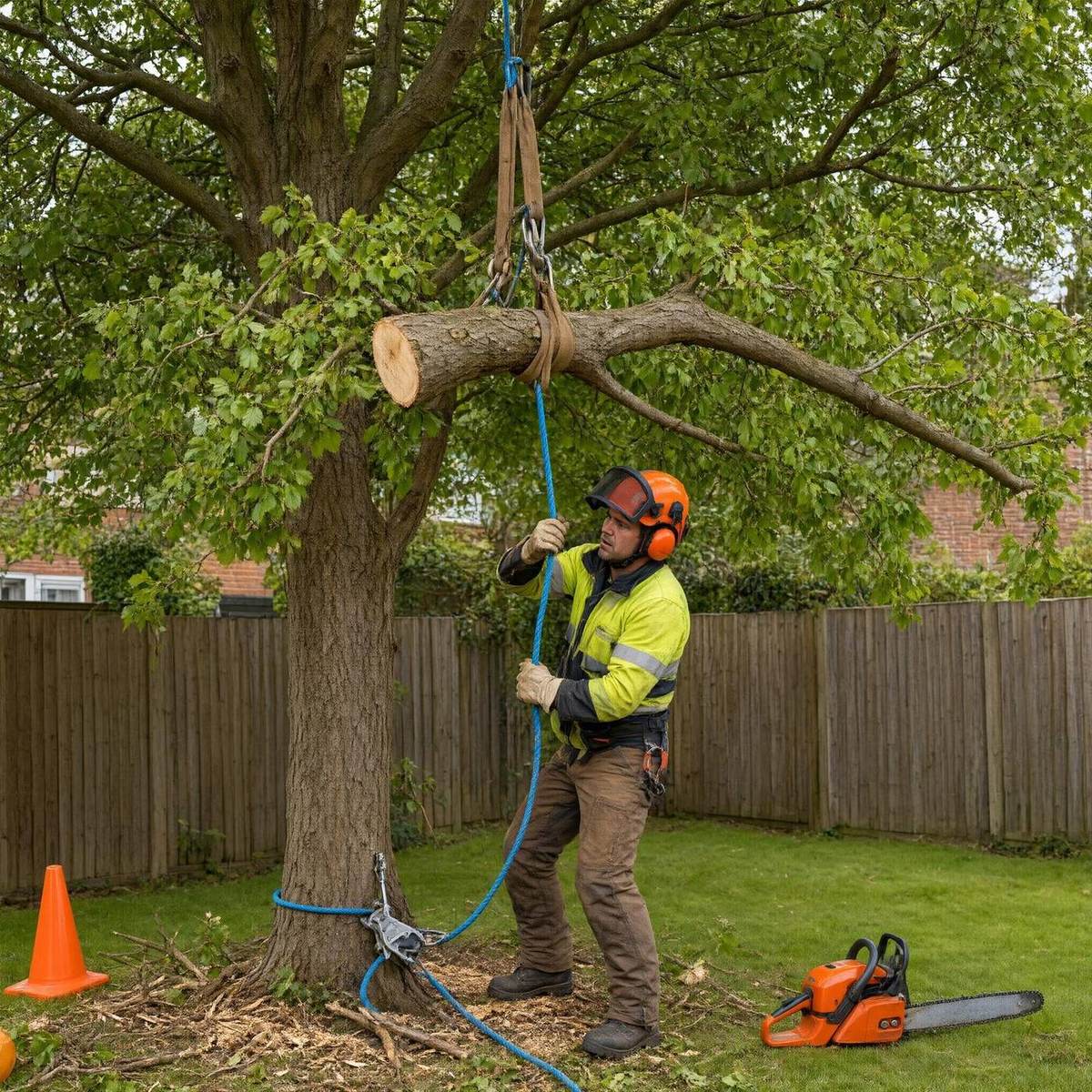 Sectional dismantling of a large branch over a garden