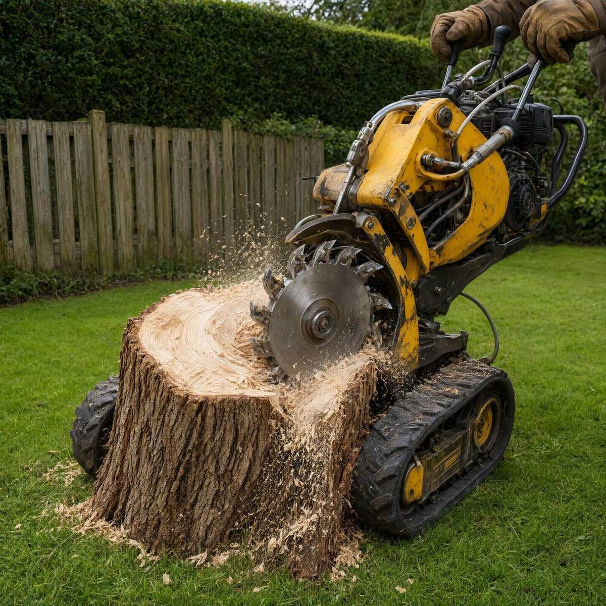 Stump grinding on a lawn
