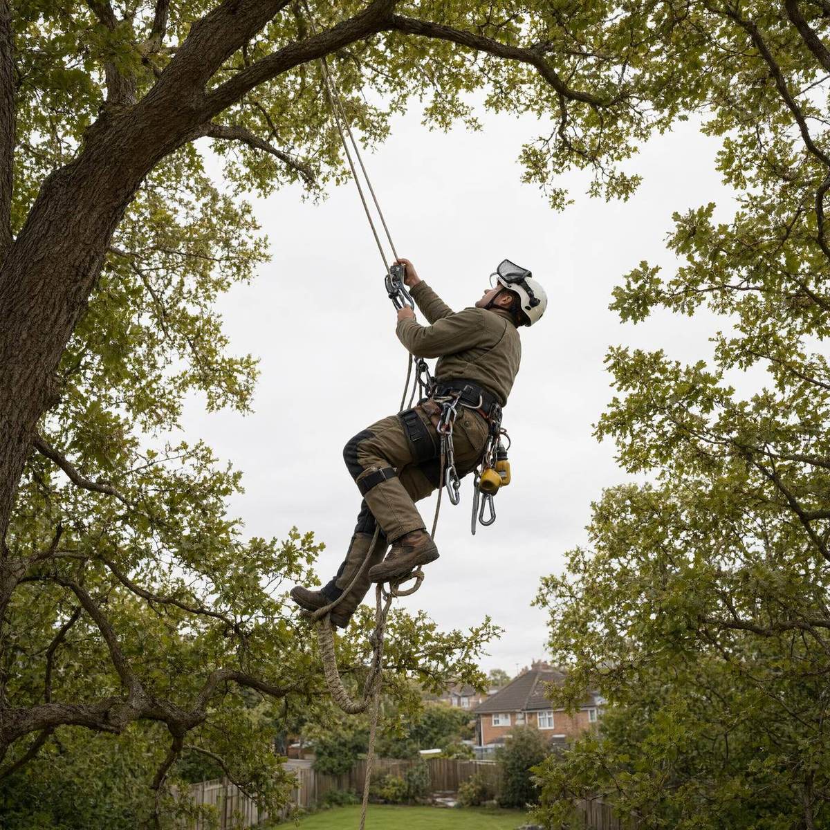 Tree surgeon roped into the upper canopy of an oak, seen from the ground against an overcast sky