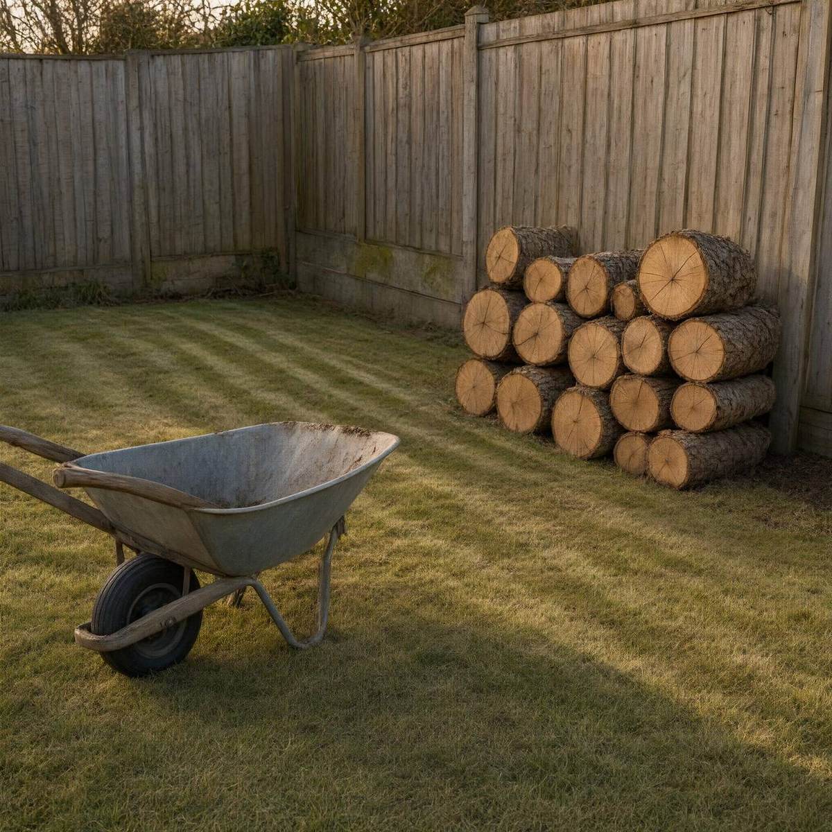 Garden after tree removal: stacked logs by a fence, clean lawn, wheelbarrow
