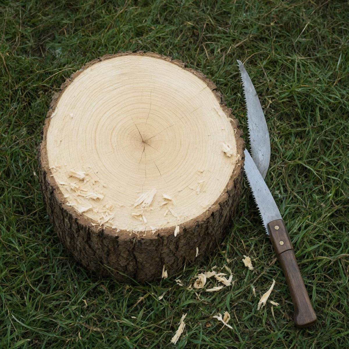 Fresh pale cut face of a felled oak section lying in grass beside a pruning saw