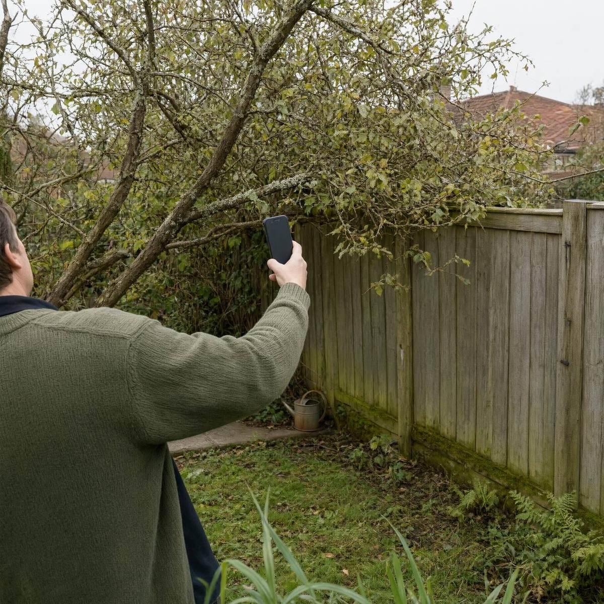 Homeholder holding a phone up to photograph an overgrown tree in their garden
