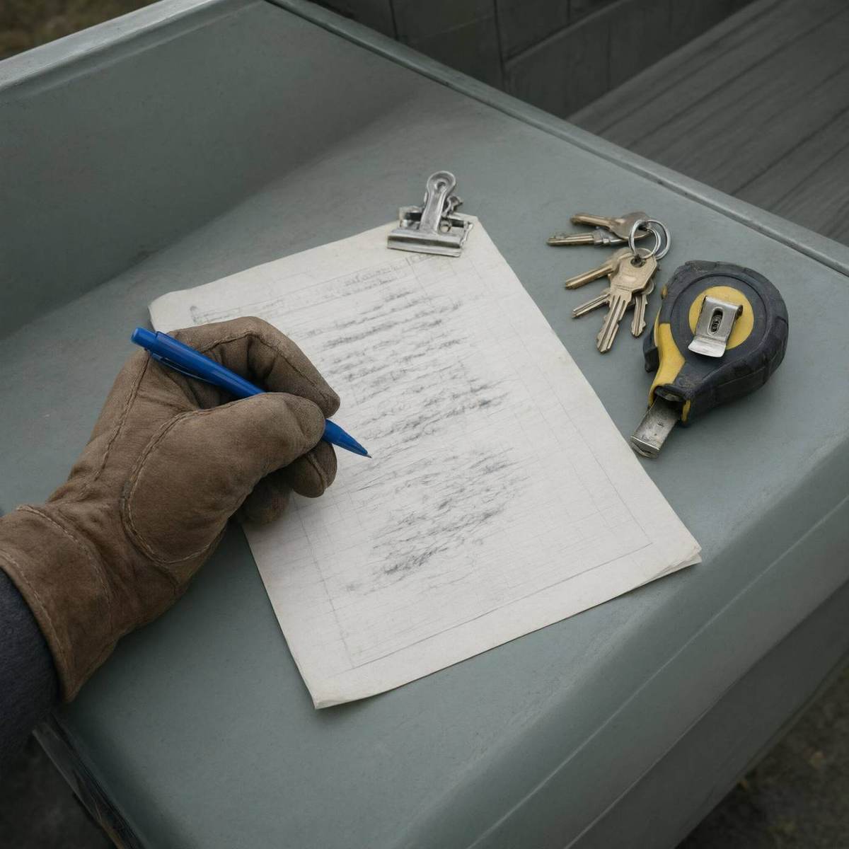 Gloved hand writing on a job sheet on a pickup tailgate