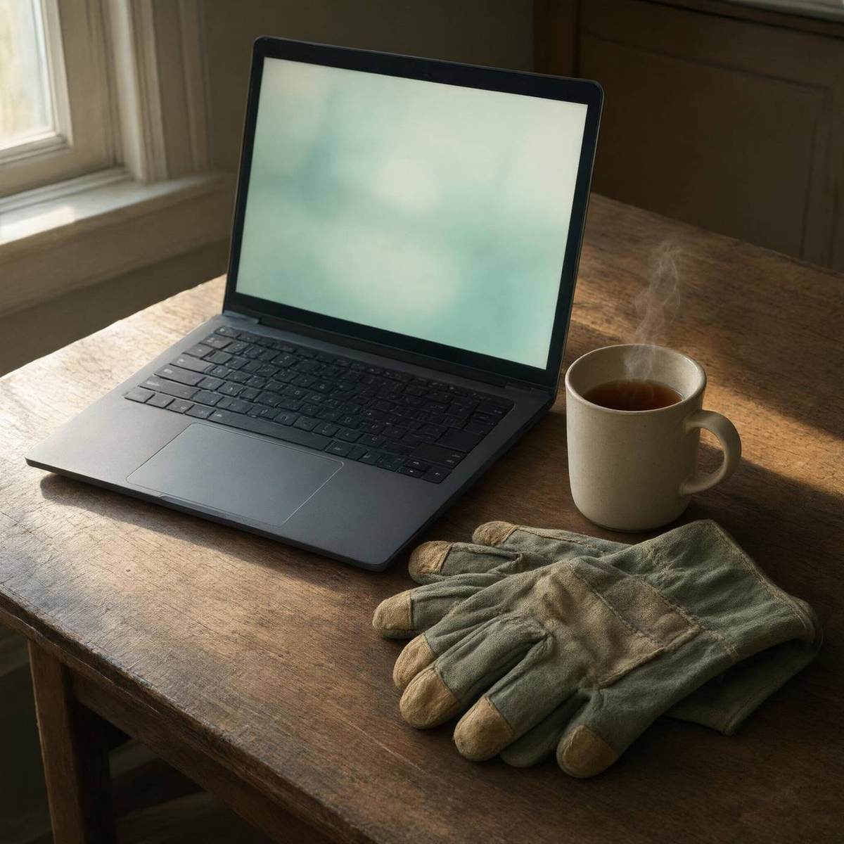 Laptop on a kitchen table beside a mug and work gloves, screen softly blurred