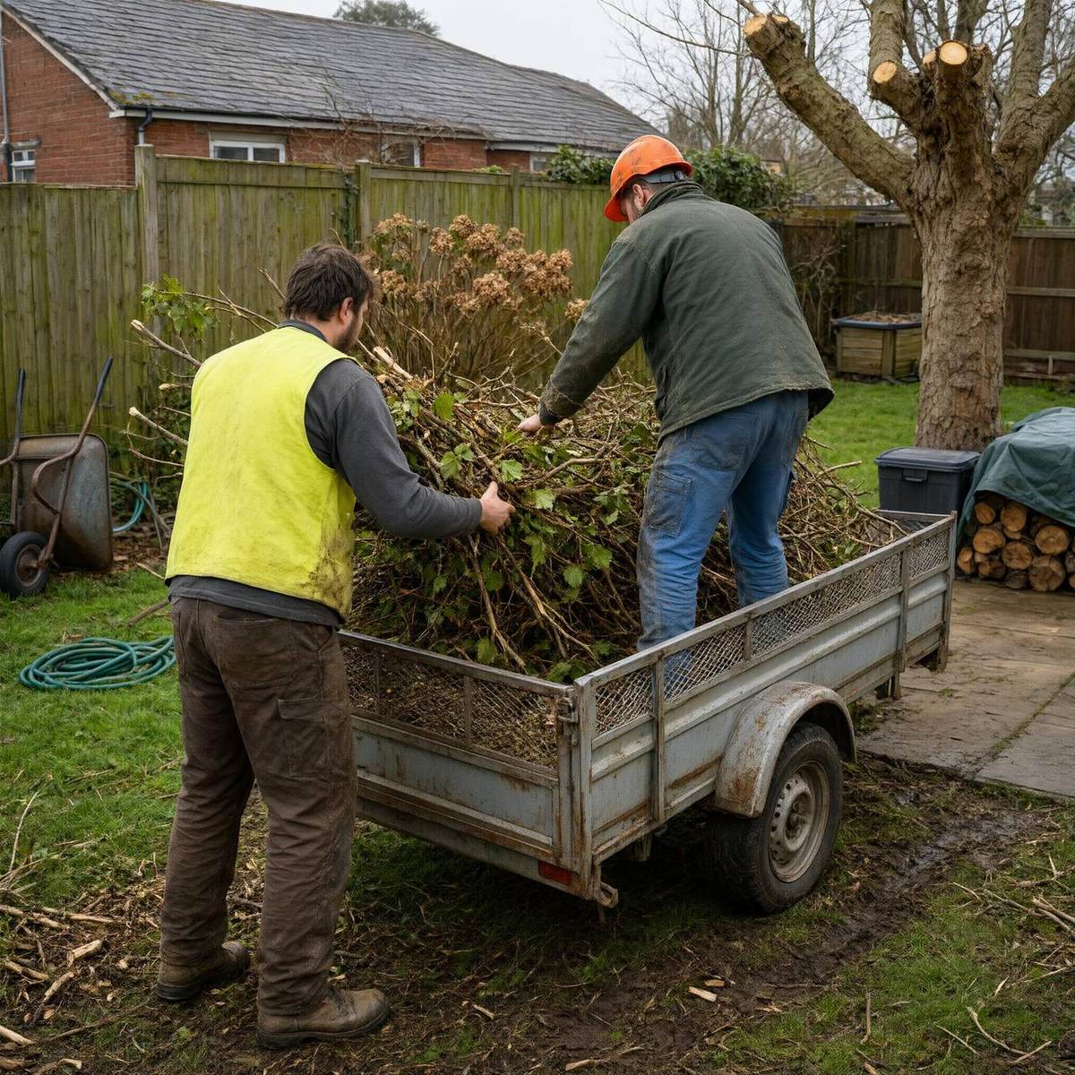 Two tree surgeons loading brash into a trailer in a suburban garden