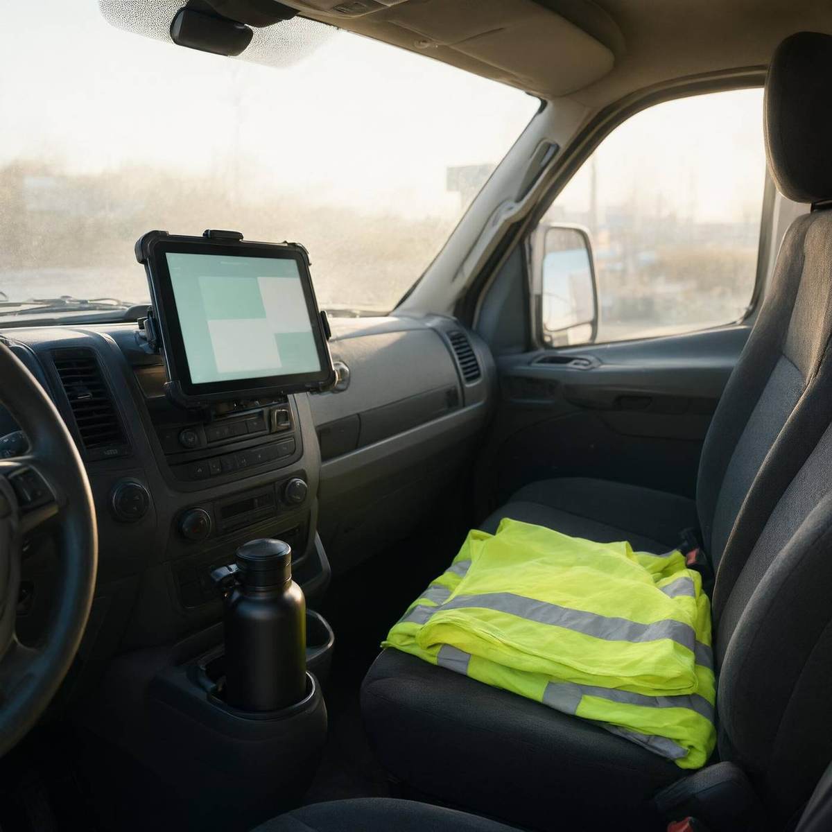 Tablet mounted in a work van cab showing a simple pale-green website