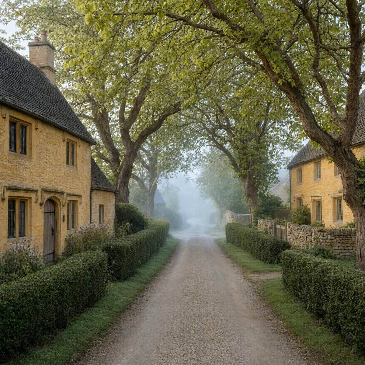 Quiet English village lane with stone cottages, hedgerows and mature trees