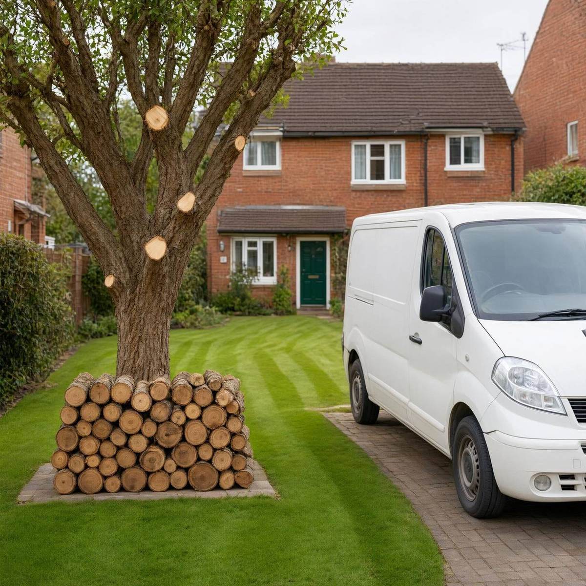Tidy UK front garden after tree work with a small unbranded work van on the driveway
